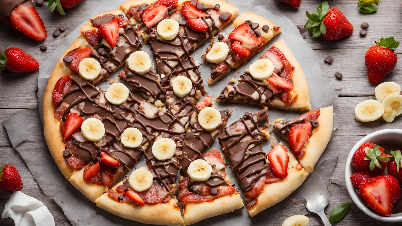 pizza de chocolate, banana y frutilla